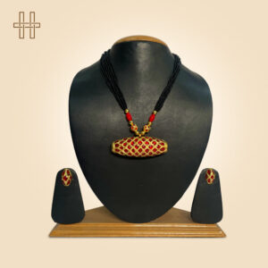 Assamese Jewellery Set-Dhol Biri (Drum Shaped Pendant)-Black Beaded Chain With Coral Drops-Black Beaded Chain With Coral Drops