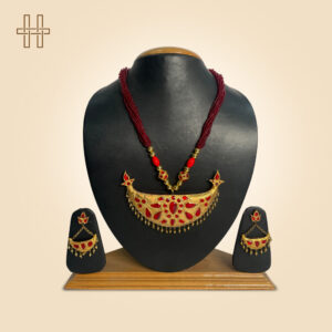 Assamese Jewellery Set-Jon Biri (Crescent Moon Pendant)-Maroon Beaded Chain With Peacock Ends-Maroon Beaded Chain With Peacock Ends