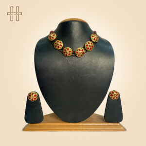 Assamese Jewellery Set-Japi Gol Pota (Japi Motif Round Choker)-Black Beaded Chain With Stud Earrings-Black Beaded Chain With Stud Earrings