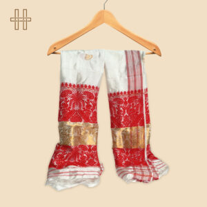 Gamosa (Traditional Assamese Scarf)-Japi And Kopou Motif Gold Zari Border-Pink Striped Silk Edge-Assam Silk