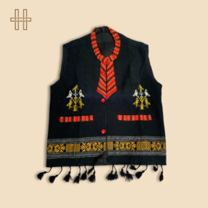 Waist Coat-Floral Embroidered Design With Tribal Collar-Black Base With Tassel Hem-Cotton