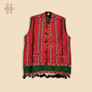 Waist Coat-Tribal Striped Design-Red Base With Tassel Hem-Cotton
