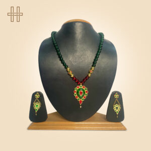Assamese Jewellery Set-Dug Dugi (Hourglass Drum Pendant)-Green To Red Ombre Beaded Chain-Green To Red Ombre Beaded Chain