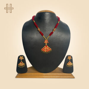 Assamese Jewellery Set-Gagori (Water Pot Shaped Pendant)-Maroon Beaded Chain With Gold Ball Fringe-Maroon Beaded Chain With Gold Ball Fringe
