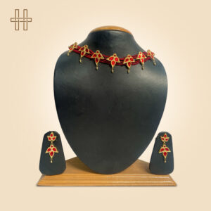 Assamese Jewellery Set-Pat Gol Pota (Flat Round Choker)-Maroon Beaded Chain-Maroon Beaded Choker Chain