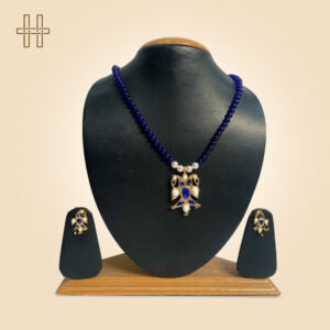 Assamese Jewellery Set-Hen Pota (Bird Motif Necklace)-Navy Beaded Chain With Pearl Accents-Navy Beaded Chain With Pearl Accents
