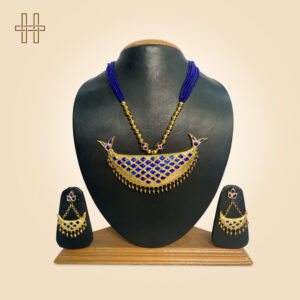 Assamese Jewellery Set-Jon Biri (Crescent Moon Pendant)-Navy Beaded Chain With Peacock Ends-Navy Beaded Chain With Peacock Ends