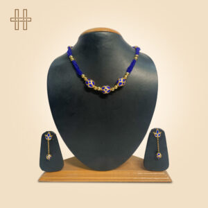 Assamese Jewellery Set-Moni Mala (Bead Necklace)-Navy Chain With Gold Ball Spacers-Navy Beaded Chain With Gold Ball Spacers