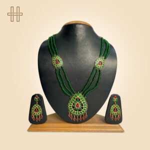 Assamese Jewellery Set-Uluta Dug Dugi (Inverted Drum Pendant)-Three Strand Green Beaded Chain-Gold Polished