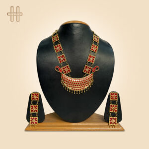 Assamese Jewellery Set-Bena (Crescent Pendant) With Box Design-Gold Chain With Kundan Stones-Gold Polished