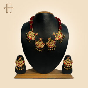 Assamese Jewellery Set-Hen Sorai (Bird Motif) Pendant-Multi Layer Maroon Beaded Chain-Multi Layer Maroon Beaded Chain